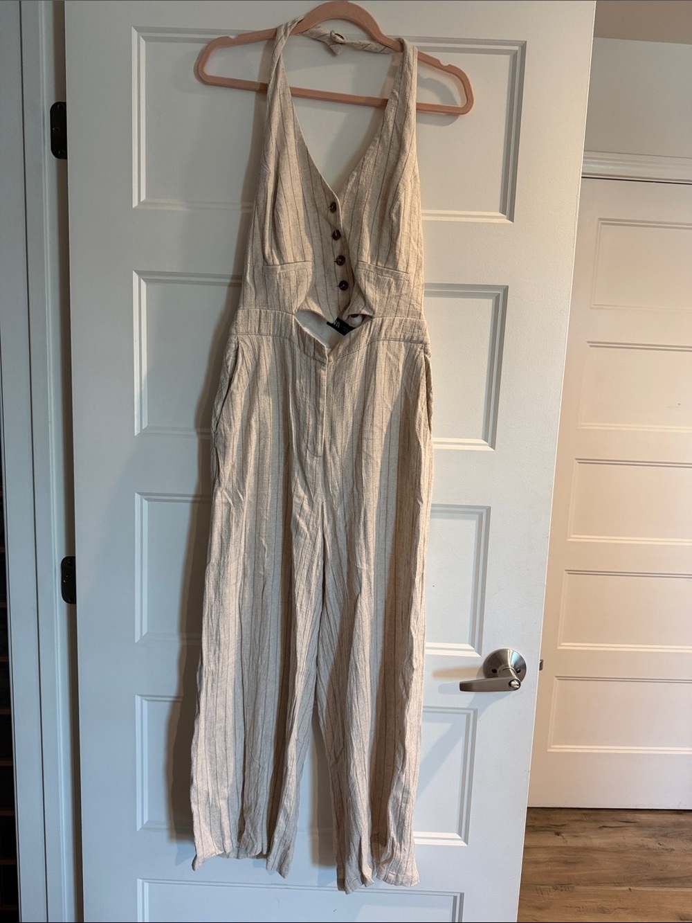 Zara Linen Blend Halter Wide Leg Jumpsuit Open Back Beige Stripe Size M